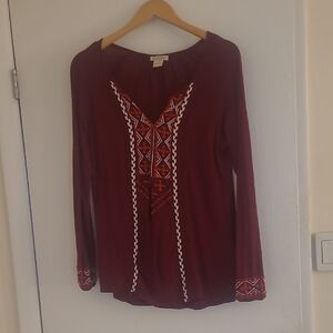 Lucky Brand Maroon Embroidered Blouse